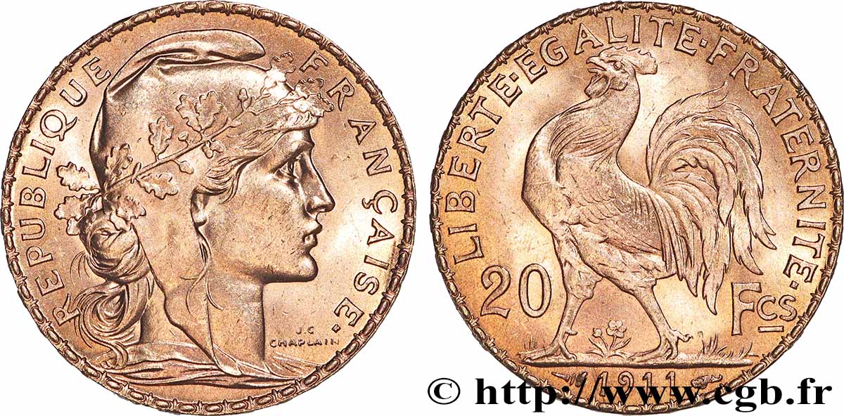 20 francs or Coq, Liberté Égalité Fraternité 1911 Paris F.535/5 SUP+ 