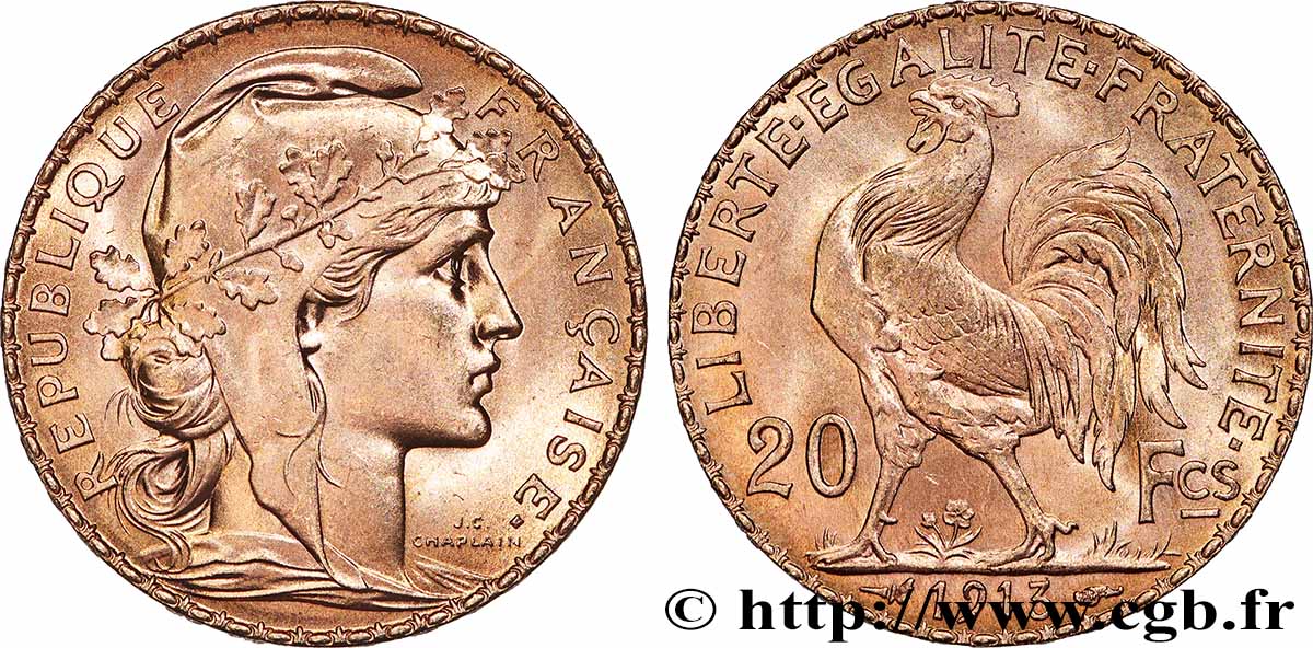 20 francs or Coq, Liberté Égalité Fraternité 1913 Paris F.535/7 SUP+ 