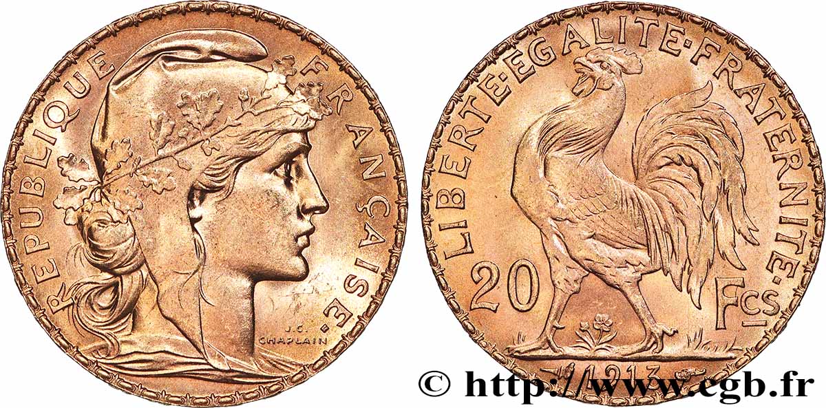20 francs or Coq, Liberté Égalité Fraternité 1913 Paris F.535/7 EBC+ 