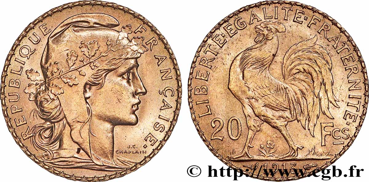 20 francs or Coq, Liberté Égalité Fraternité 1913 Paris F.535/7 VZ+ 