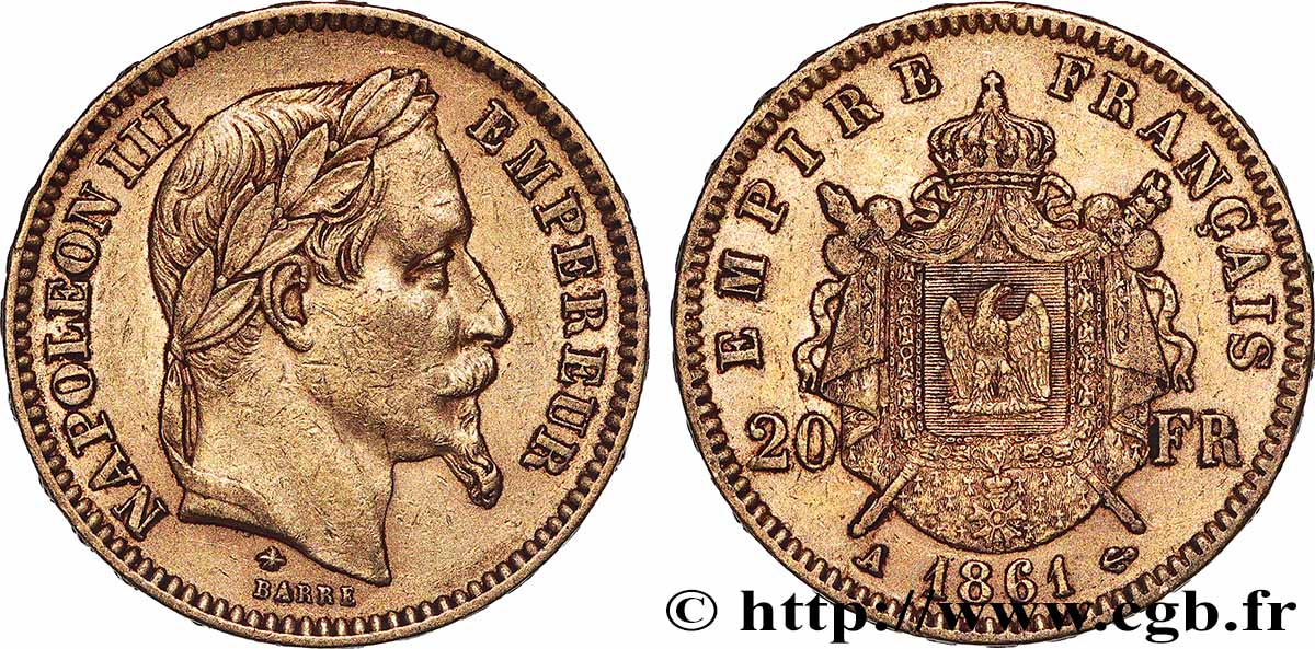 20 francs or Napoléon III, tête laurée 1861 Paris F.532/1 SS 