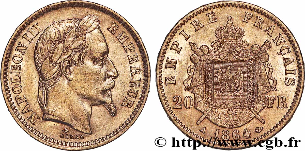 20 francs or Napoléon III, tête laurée 1864 Paris F.532/8 XF 