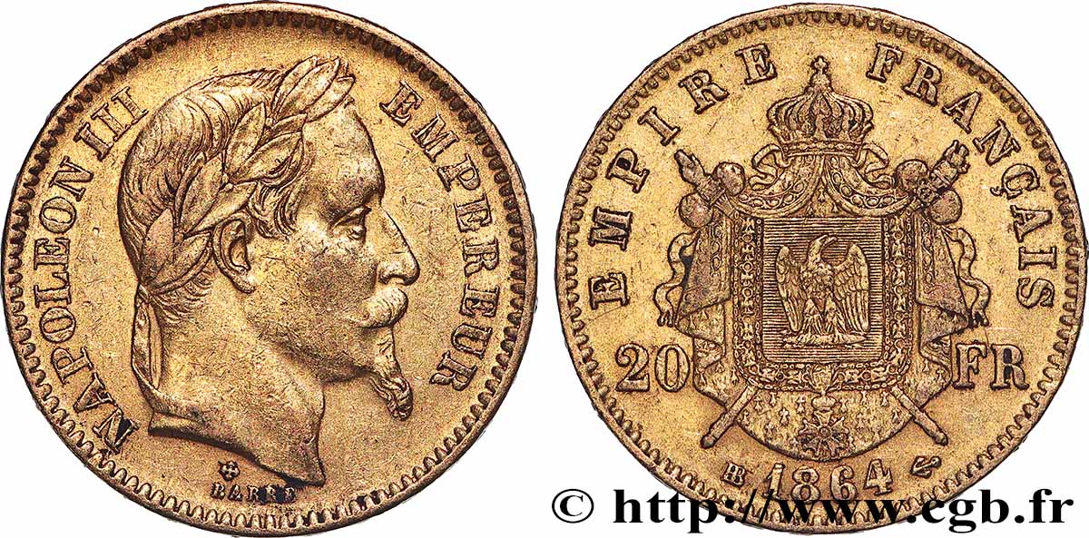 20 francs or Napoléon III, tête laurée 1864 Strasbourg F.532/9 TTB 
