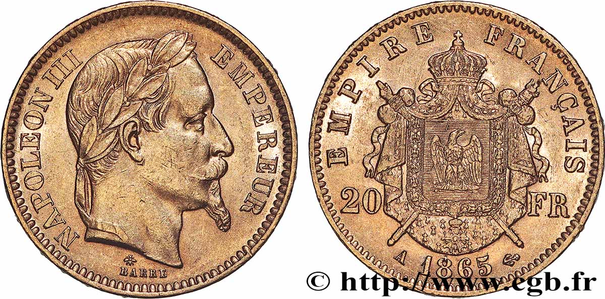 20 francs or Napoléon III, tête laurée 1865 Paris F.532/11 AU 
