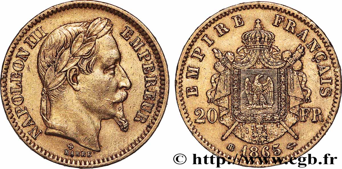 20 francs or Napoléon III, tête laurée 1865 Strasbourg F.532/12 q.SPL 