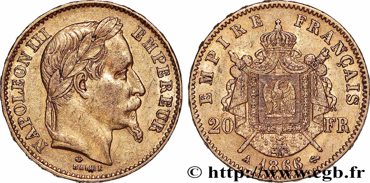 20 francs or Napoléon III, tête laurée 1866 Paris F.532/13 MBC 