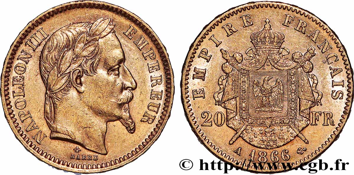 20 francs or Napoléon III, tête laurée 1866 Paris F.532/13 TTB+ 