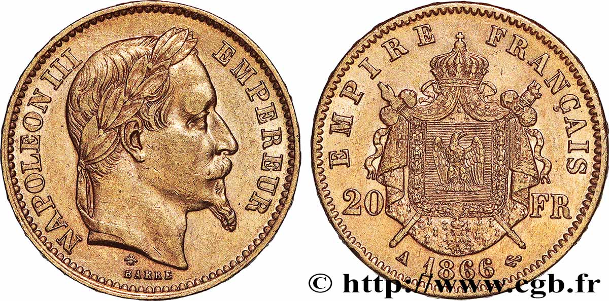 20 francs or Napoléon III, tête laurée 1866 Paris F.532/13 fVZ 
