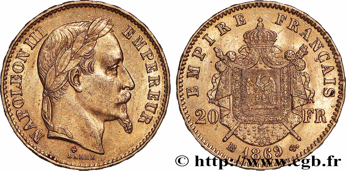 20 francs or Napoléon III, tête laurée, grand BB 1869 Strasbourg F.532/22 SUP+ 