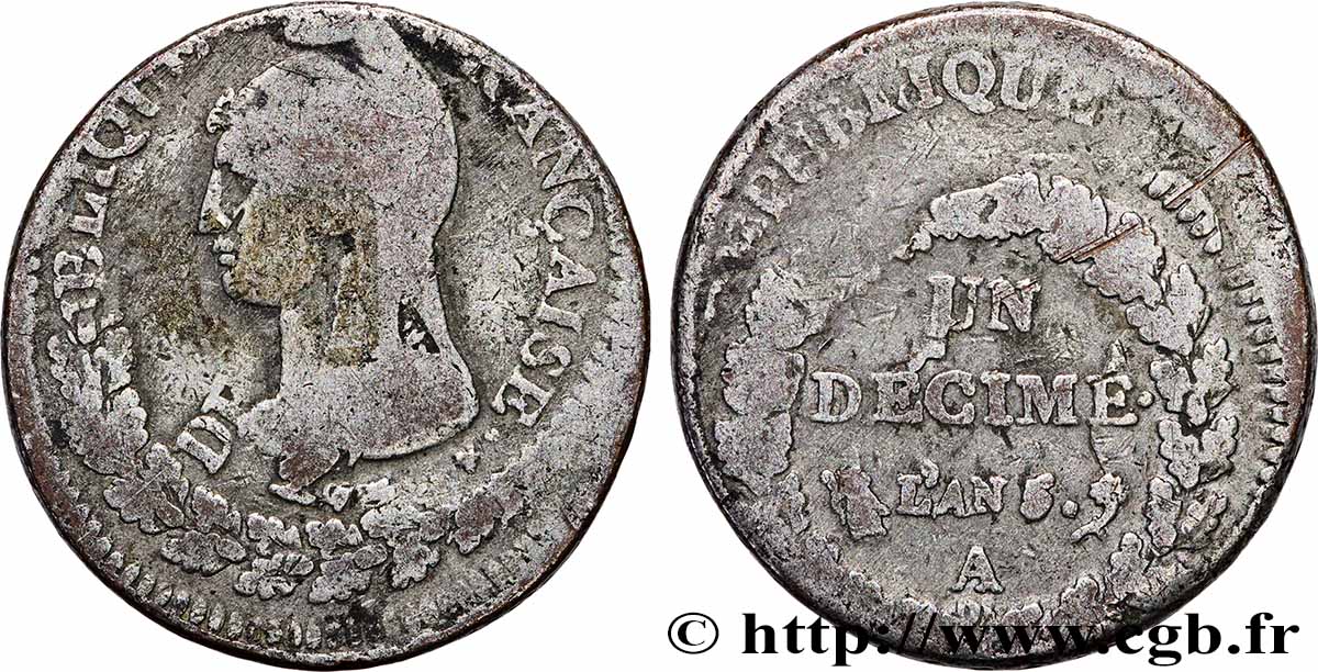 Un décime Dupré, grand module, Fauté double frappe 1797 Paris F.129/1 var. VF 