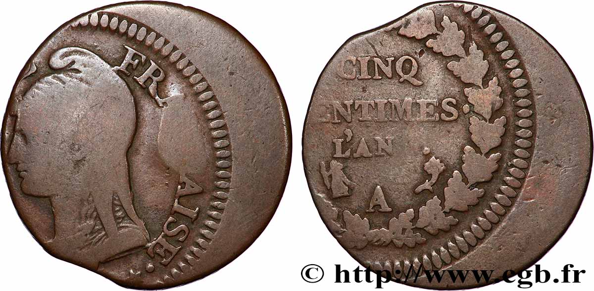 Cinq centimes Dupré, grand module, Fauté frappe décentrée 1797 Paris F.115/1 F 