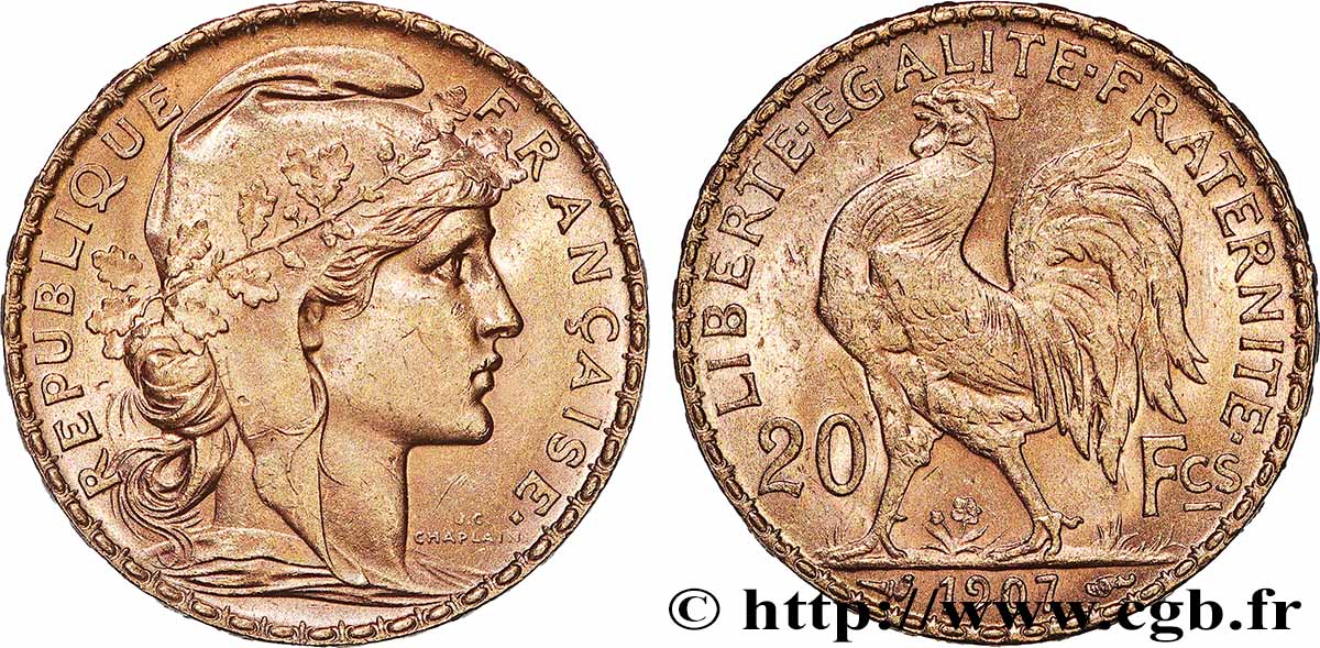 20 francs or Coq, Liberté Égalité Fraternité 1907 Paris F.535/1 AU 