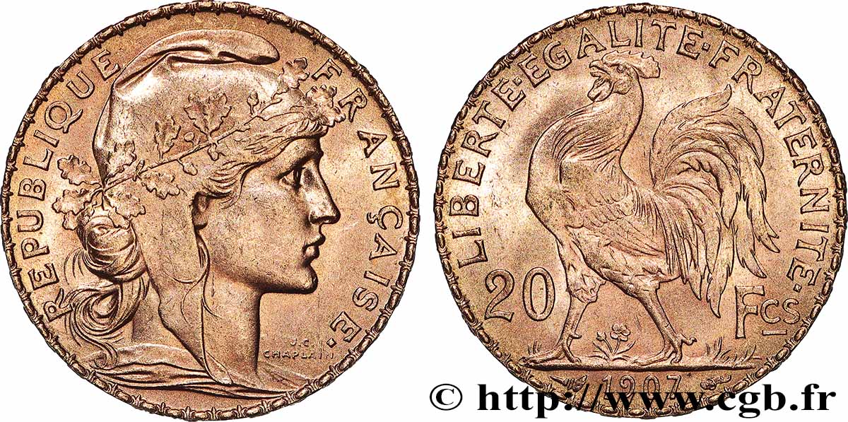 20 francs or Coq, Liberté Égalité Fraternité 1907 Paris F.535/1 VZ 