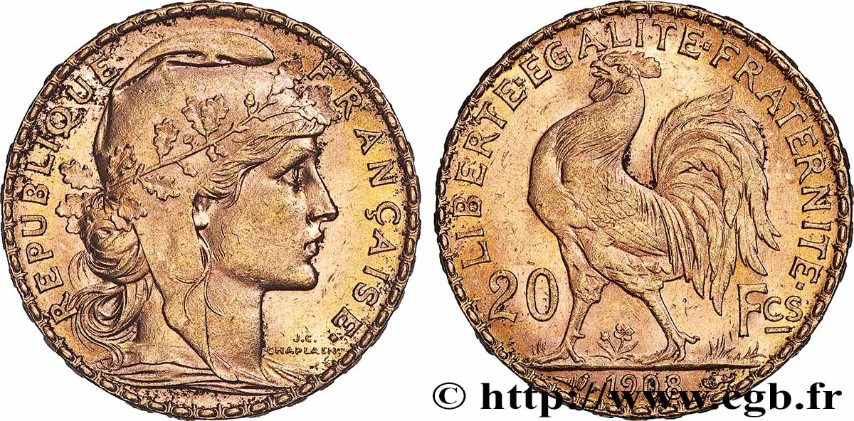 20 francs or Coq, Liberté Égalité Fraternité 1908 Paris F.535/2 SUP 