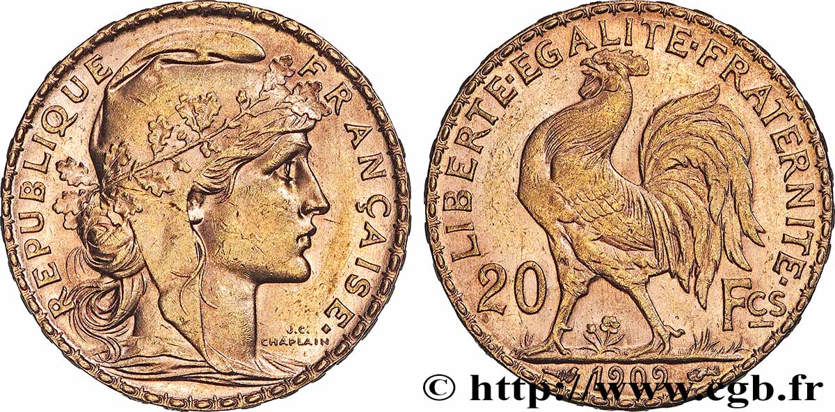 20 francs or Coq, Liberté Égalité Fraternité 1909 Paris F.535/3 AU 