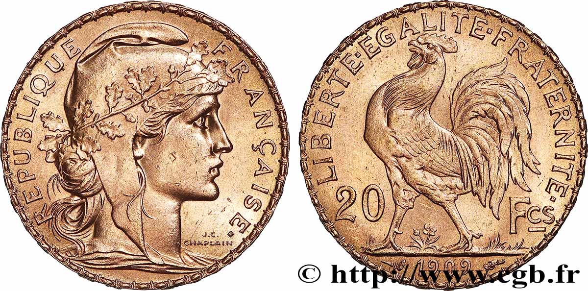 20 francs or Coq, Liberté Égalité Fraternité 1909 Paris F.535/3 VZ+ 
