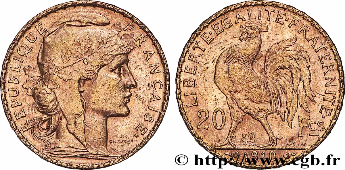 20 francs or Coq, Liberté Égalité Fraternité 1910 Paris F.535/4 TTB 