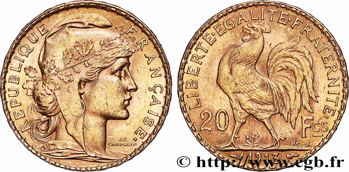 20 francs or Coq, Liberté Égalité Fraternité 1913 Paris F.535/7 fVZ 