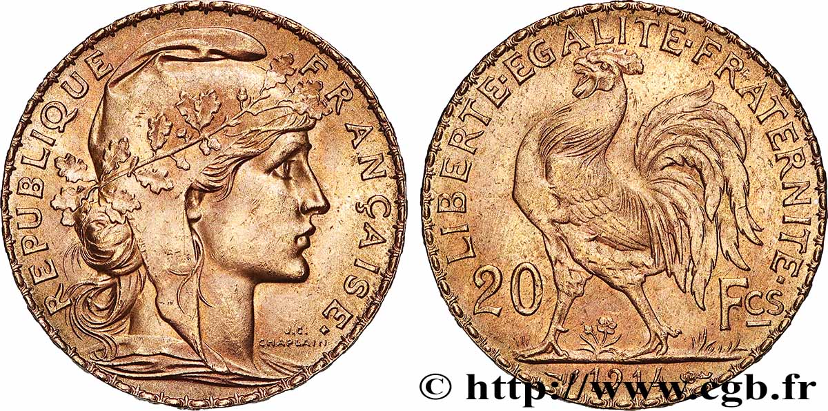 20 francs or Coq, Liberté Égalité Fraternité 1914 Paris F.535/8 SUP 
