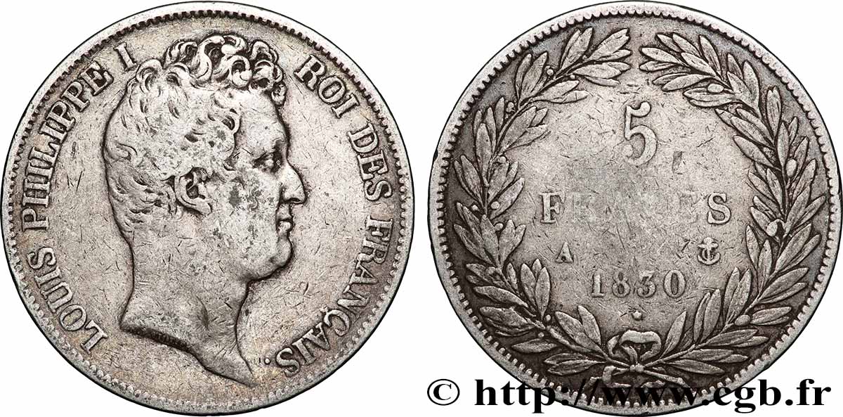 5 francs type Tiolier avec le I, tranche en creux 1830 Paris F.315/1 BC+ 