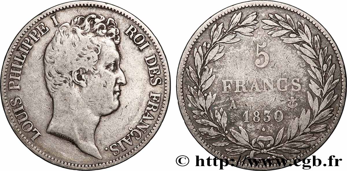 5 francs type Tiolier avec le I, tranche en creux 1830 Paris F.315/1 VF 