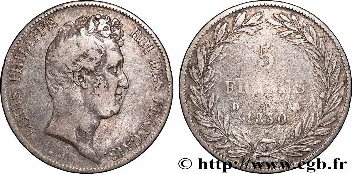 5 francs type Tiolier sans le I, tranche en creux 1830 Lyon F.313/3 BC 