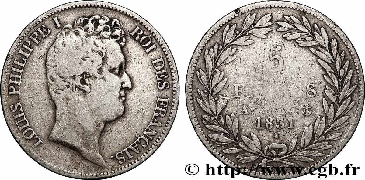 5 francs type Tiolier avec le I, tranche en creux 1831 Paris F.315/14 TB 