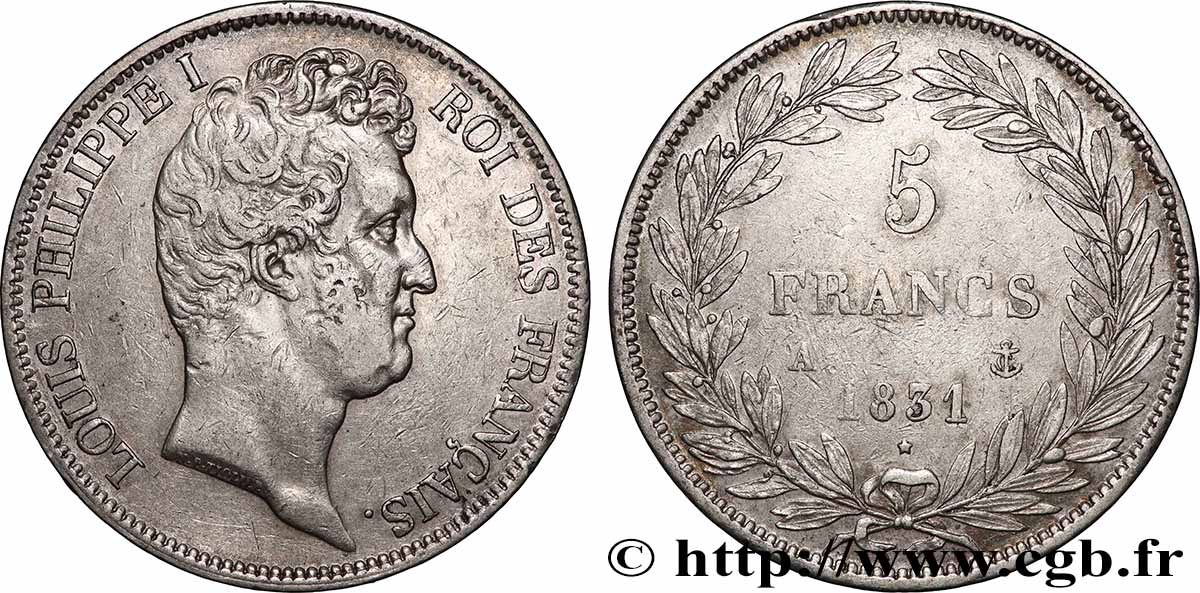 5 francs type Tiolier avec le I, tranche en creux 1831 Paris F.315/14 TTB 