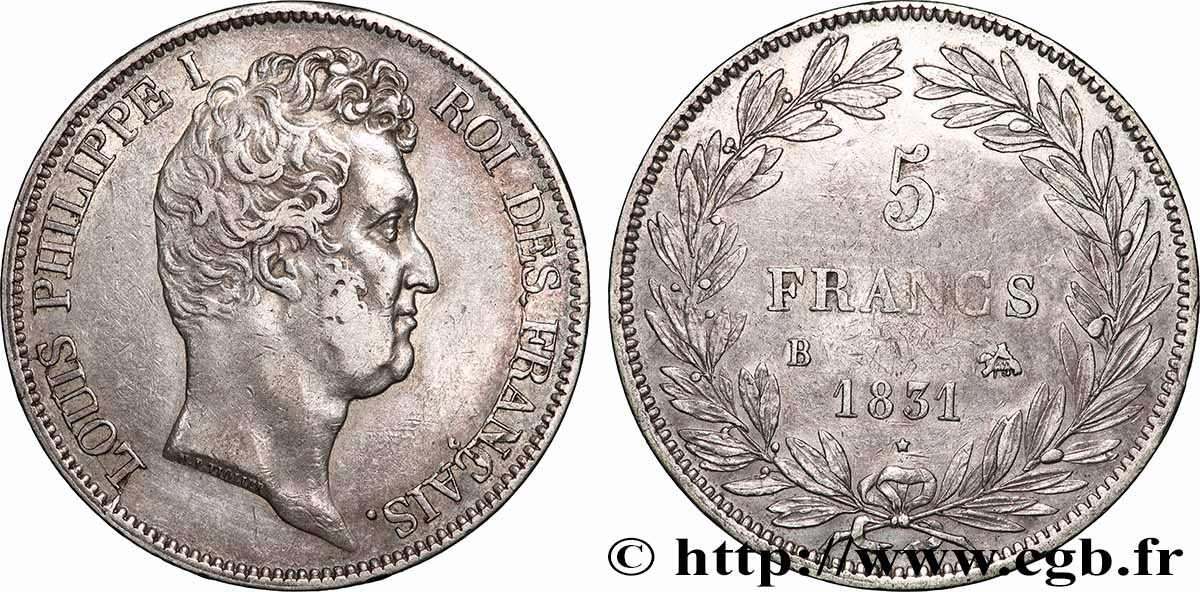 5 francs type Tiolier avec le I, tranche en creux 1831 Rouen F.315/15 TB+ 
