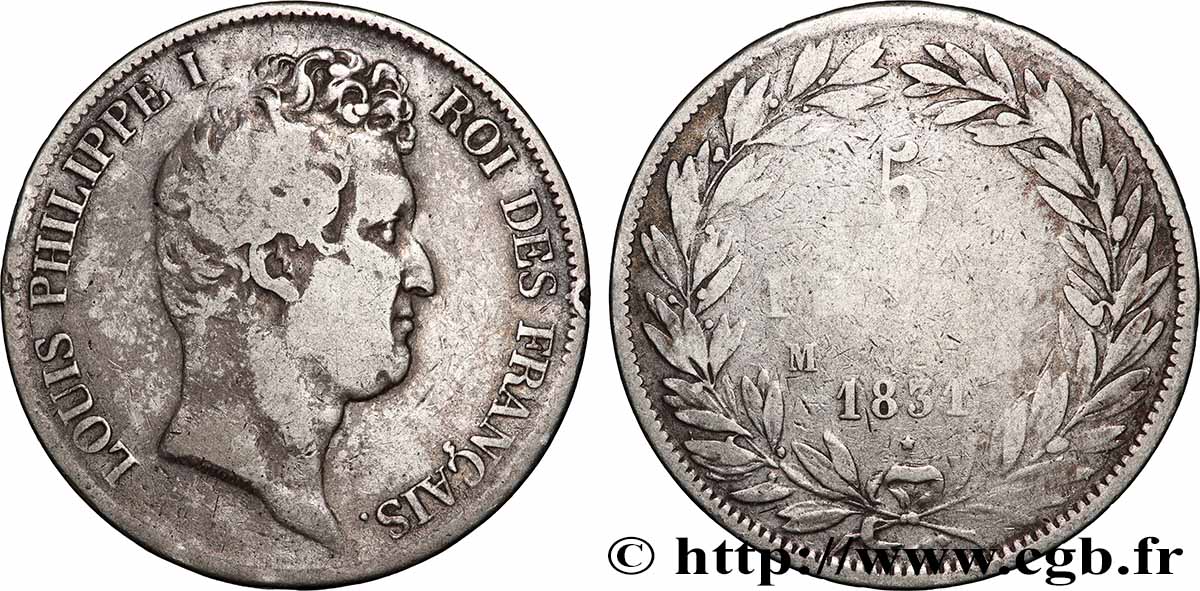 5 francs type Tiolier avec le I, tranche en creux 1831 Toulouse F.315/22 TB 