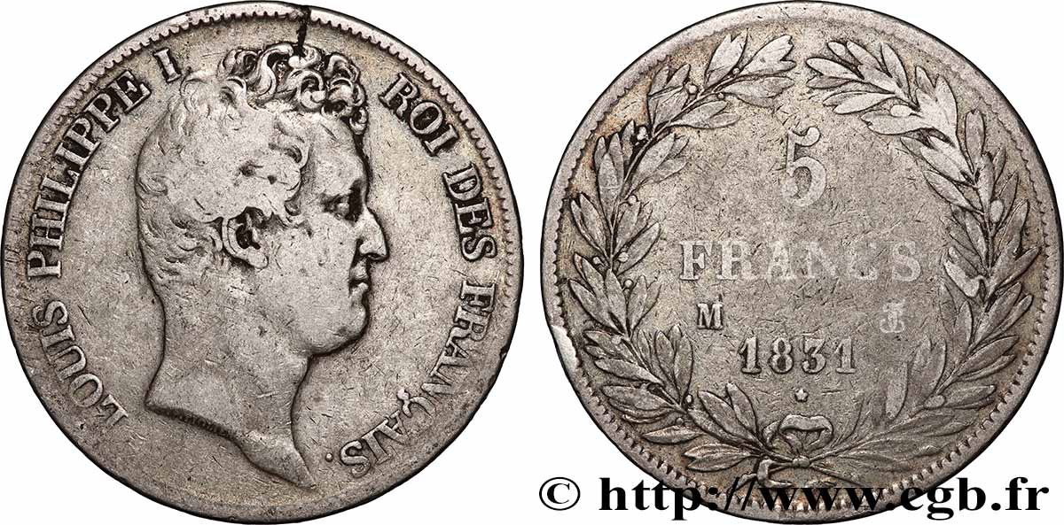 5 francs type Tiolier avec le I, tranche en creux 1831 Toulouse F.315/22 TB 