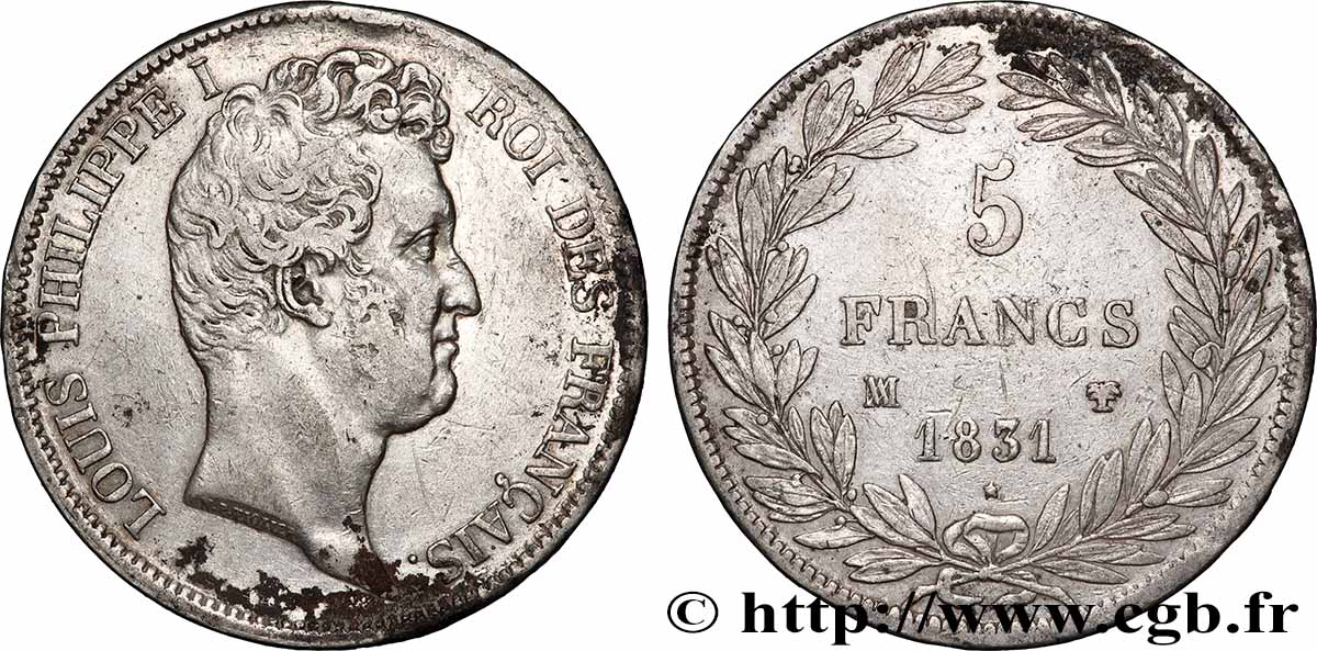 5 francs type Tiolier avec le I, tranche en creux 1831 Marseille F.315/23 TTB 