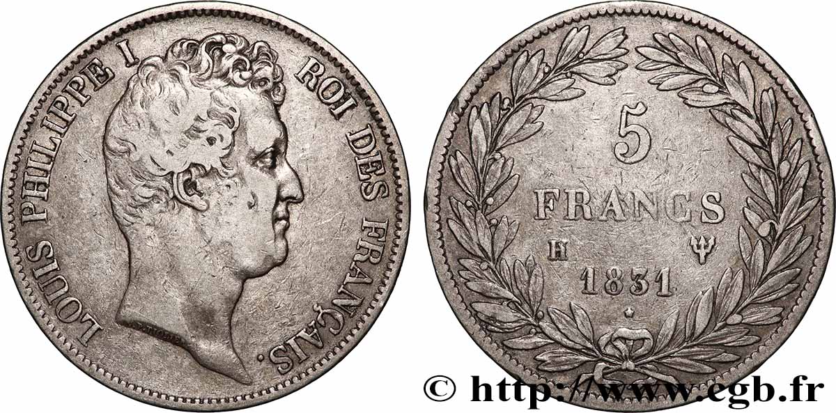 5 francs type Tiolier avec le I, tranche en creux 1831 La Rochelle F.315/18 TB 