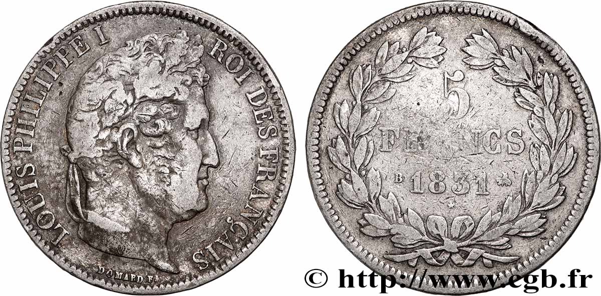 5 francs Ier type Domard, tranche en relief 1831 Rouen F.320/2 B+ 