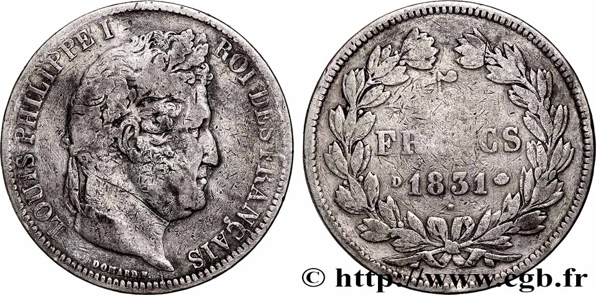 5 francs Ier type Domard, tranche en creux 1831 Lyon F.319/2 MB 