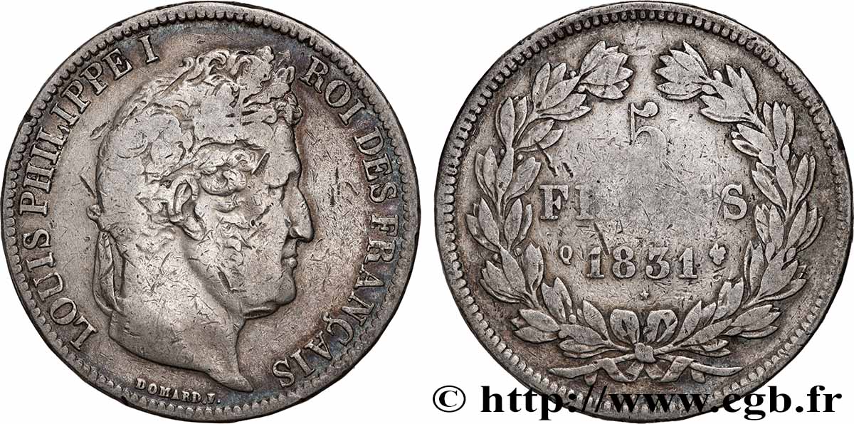 5 francs Ier type Domard, tranche en relief 1831 Perpignan F.320/11 TB 
