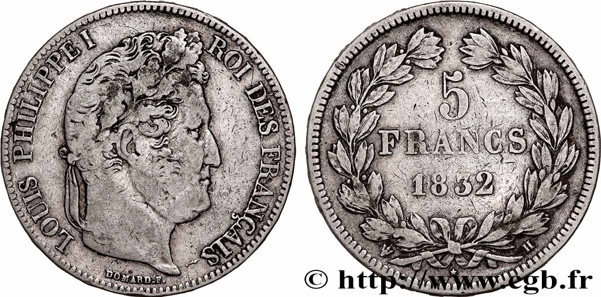 5 francs IIe type Domard 1832 La Rochelle F.324/5 TB+ 