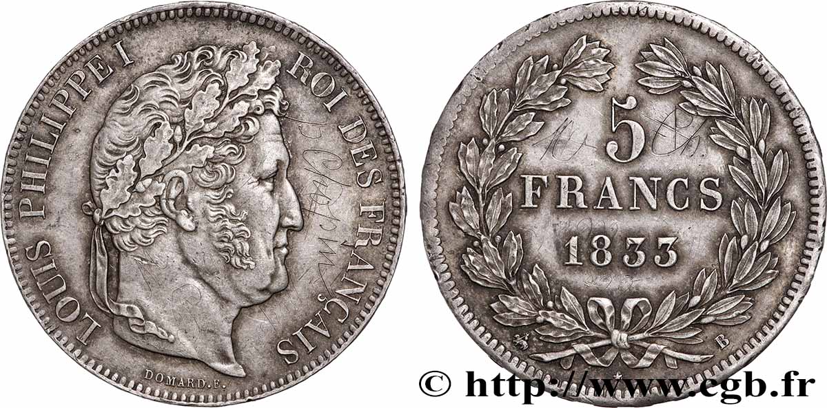 5 francs IIe type Domard 1833 Rouen F.324/15 TTB+ 