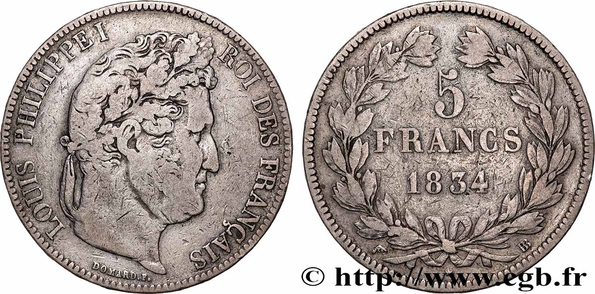 5 francs IIe type Domard 1834 Strasbourg F.324/31 TB 