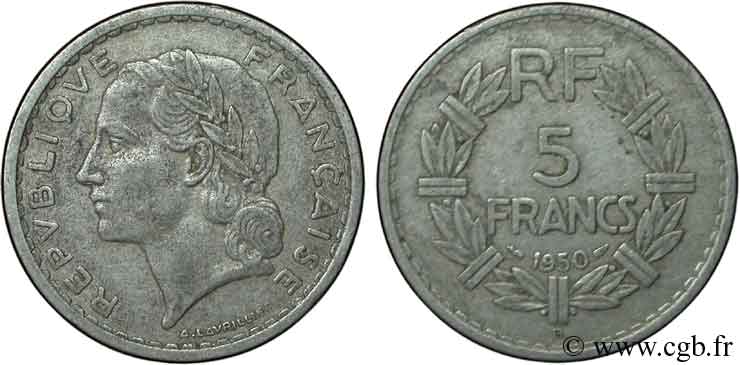 5 francs Lavrillier, aluminium 1950 Beaumont-Le-Roger F.339/21 S30 