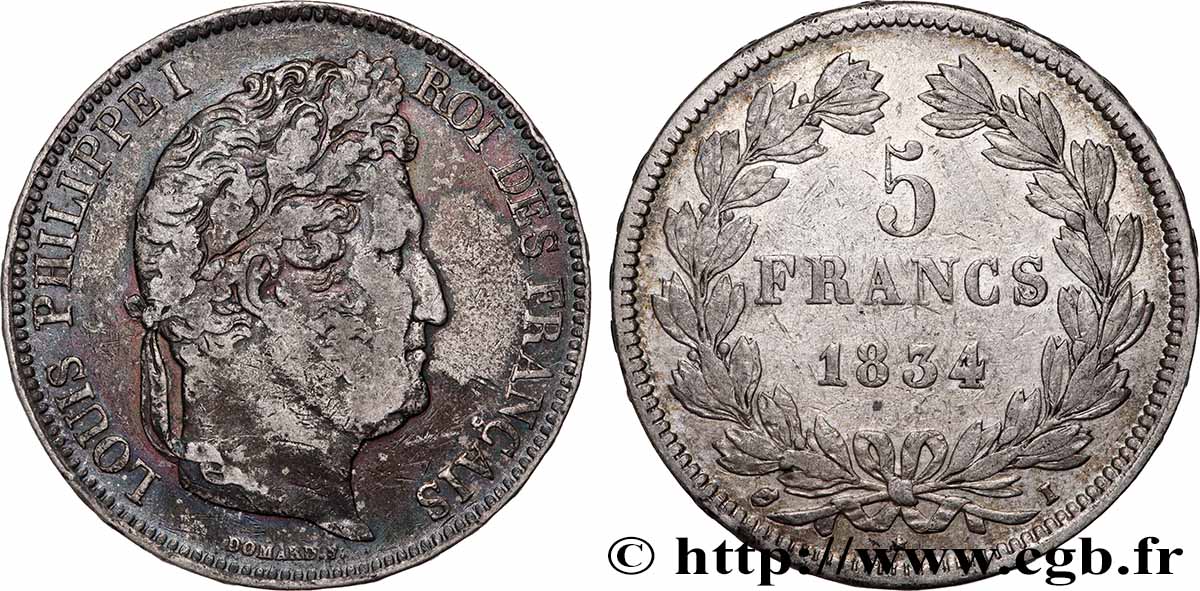 5 francs IIe type Domard 1834 Limoges F.324/34 VF 