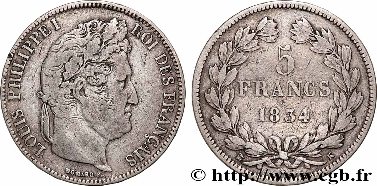 5 francs IIe type Domard 1834 Bordeaux F.324/35 TB 