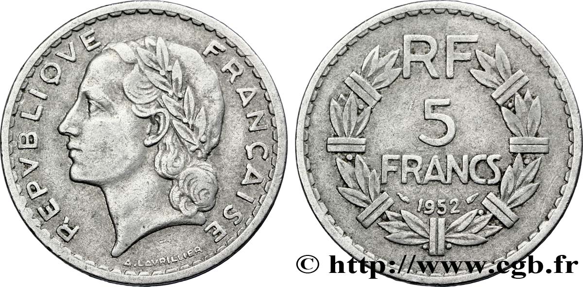 5 francs Lavrillier, aluminium 1952  F.339/22 VF30 