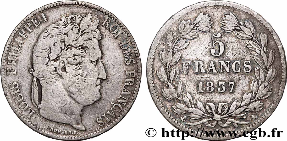 5 francs IIe type Domard 1837 Paris F.324/61 BC+ 