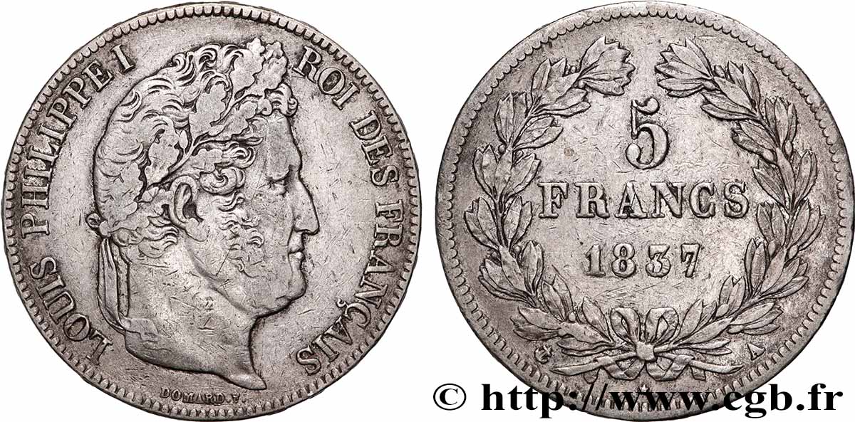 5 francs IIe type Domard 1837 Paris F.324/61 XF 