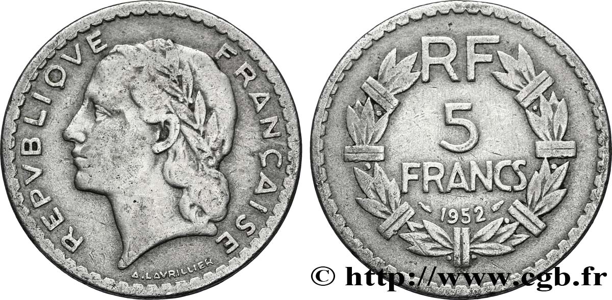 5 francs Lavrillier, aluminium 1952  F.339/22 VF25 