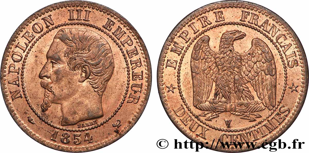 Deux centimes Napoléon III, tête nue 1854 Lille F.107/18 MS63 