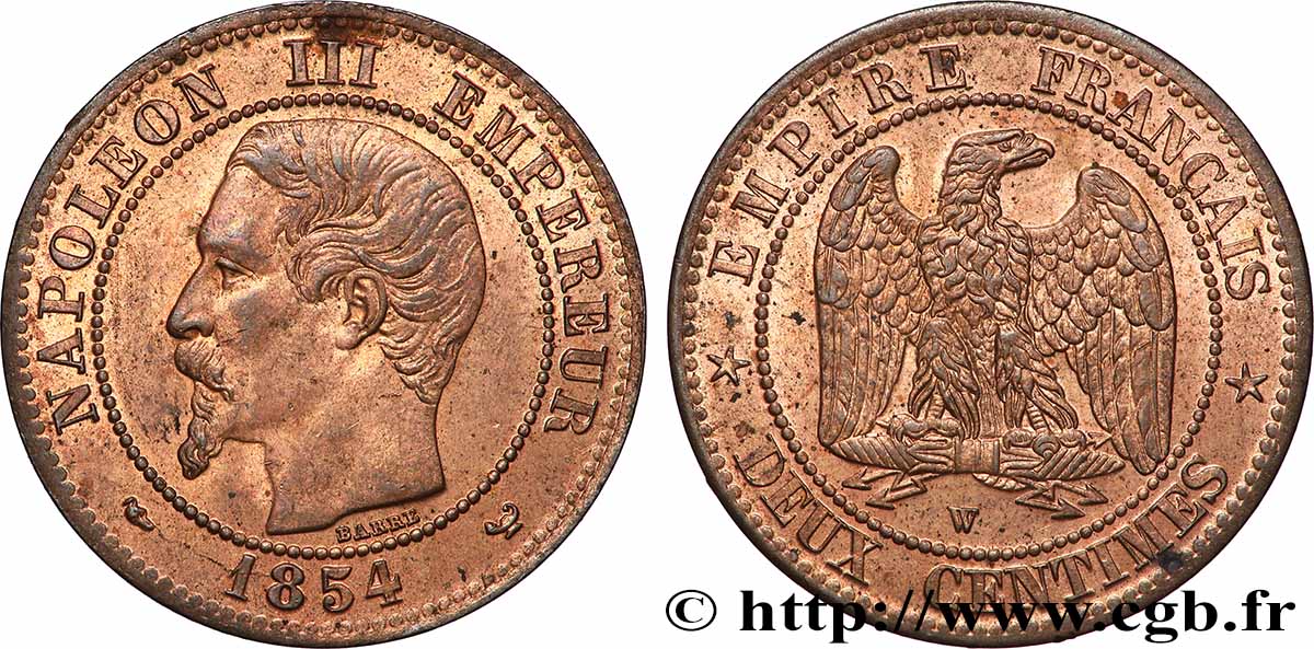 Deux centimes Napoléon III, tête nue 1854 Lille F.107/18 SPL63 