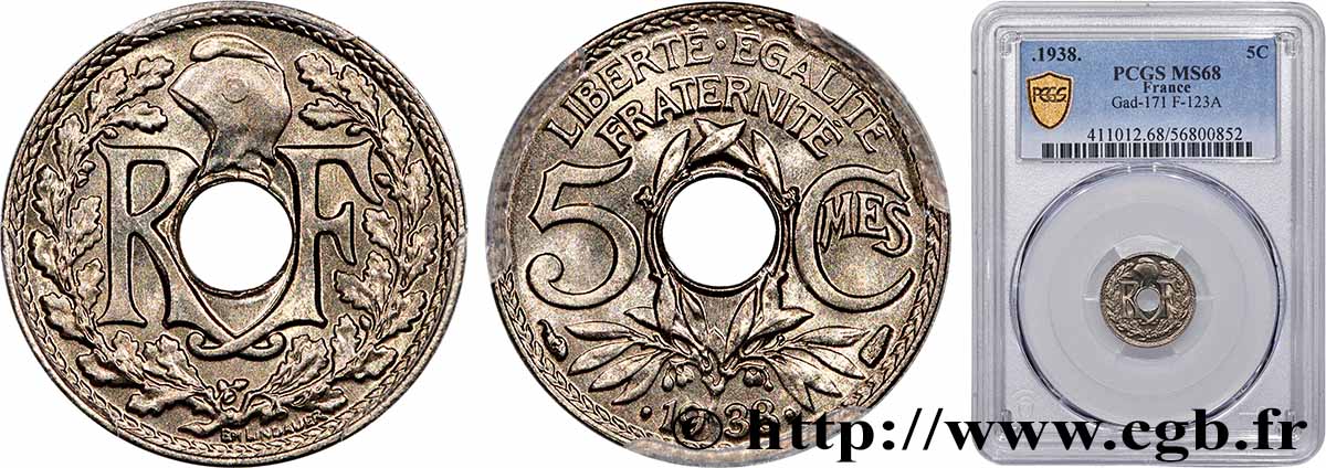 5 centimes Lindauer, maillechort 1938 Paris F.123A/2 FDC68 PCGS