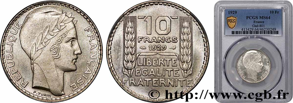 10 francs Turin 1929  F.360/2 SPL64 PCGS